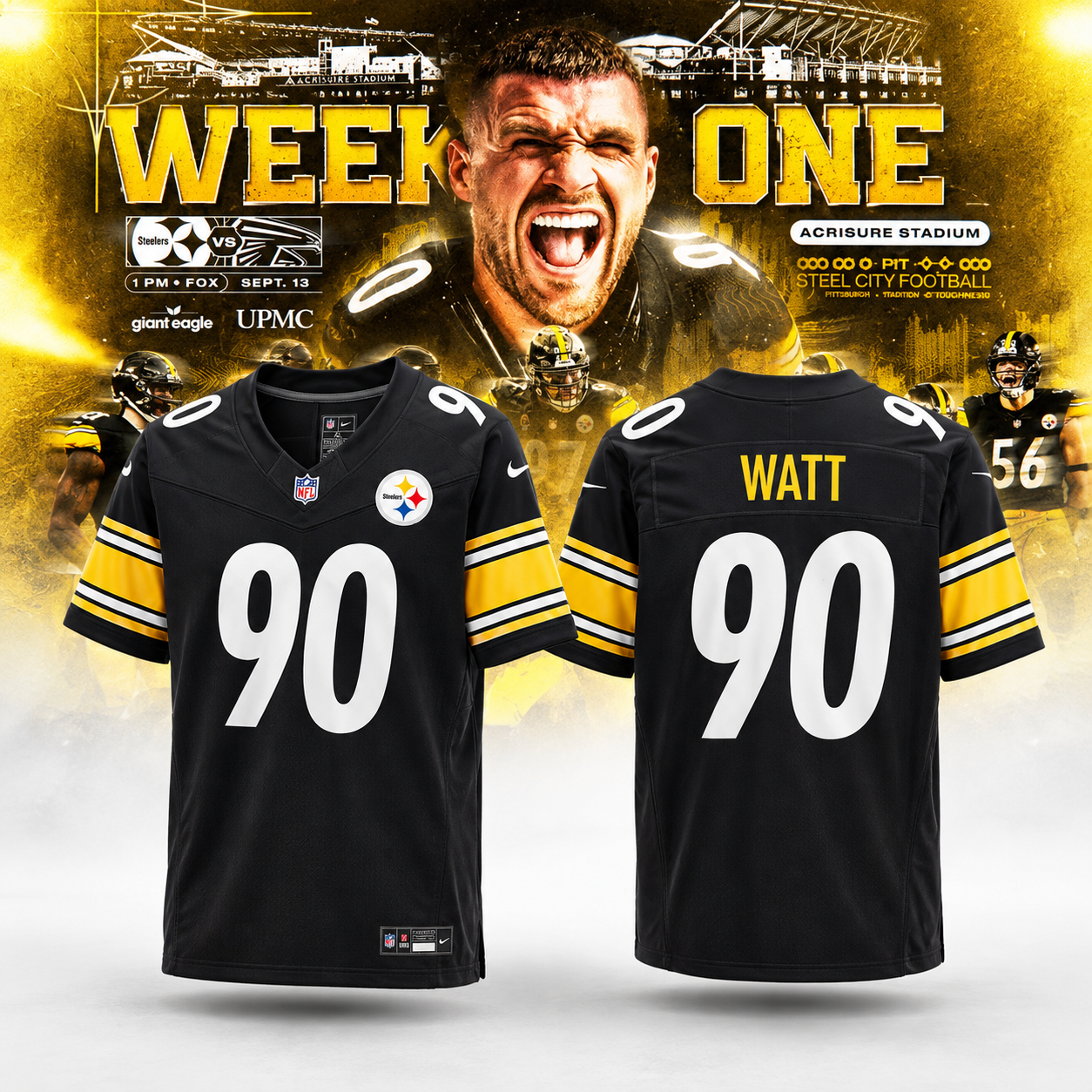 Pittsburgh Steelers Week One 2026 September 13 Acrisure Stadium TJ Watt 90 Football Jersey NFL Fan Apparel Black Game Style 2 - Unicasport Pittsburgh Steelers Week One 2026 September 13 Acrisure Stadium TJ Watt 90 Football Jersey NFL Fan Apparel Black Game Style