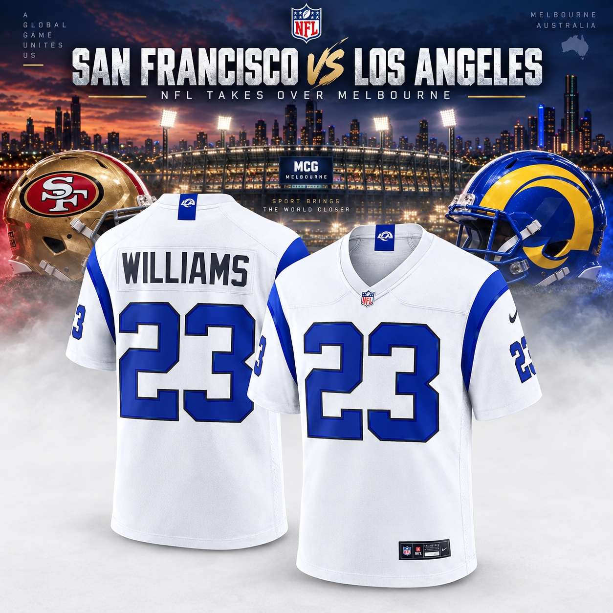 Los Angeles Rams Global Game September 10 2026 Melbourne Victoria Australia Williams 23 Football Jersey NFL Fan Apparel 2 - Unicasport Los Angeles Rams Global Game September 10 2026 Melbourne Victoria Australia Williams 23 Football Jersey NFL Fan Apparel
