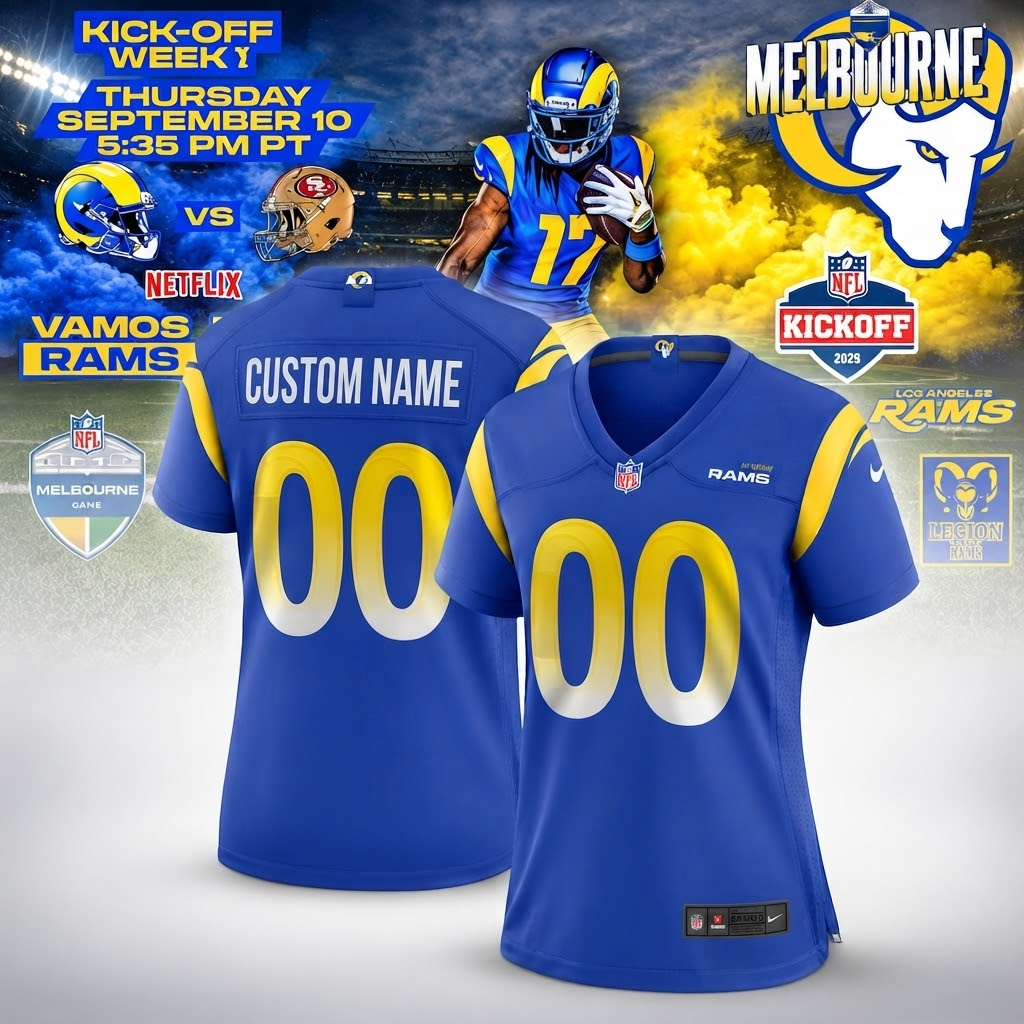 Los Angeles Rams NFL Kickoff Week 2026 September 10 Melbourne Game Custom Name 00 Football Jersey 2 - Unicasport Los Angeles Rams NFL Kickoff Week 2026 September 10 Melbourne Game Custom Name 00 Football Jersey