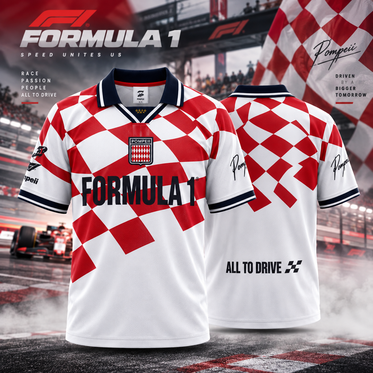 Formula 1 x Pompeii Racing Football Jersey F1 Motorsport Fan Apparel Red White Checkered Retro Soccer Style Shirt 1 - Unicasport Formula 1 x Pompeii Racing Football Jersey F1 Motorsport Fan Apparel Red White Checkered Retro Soccer Style Shirt