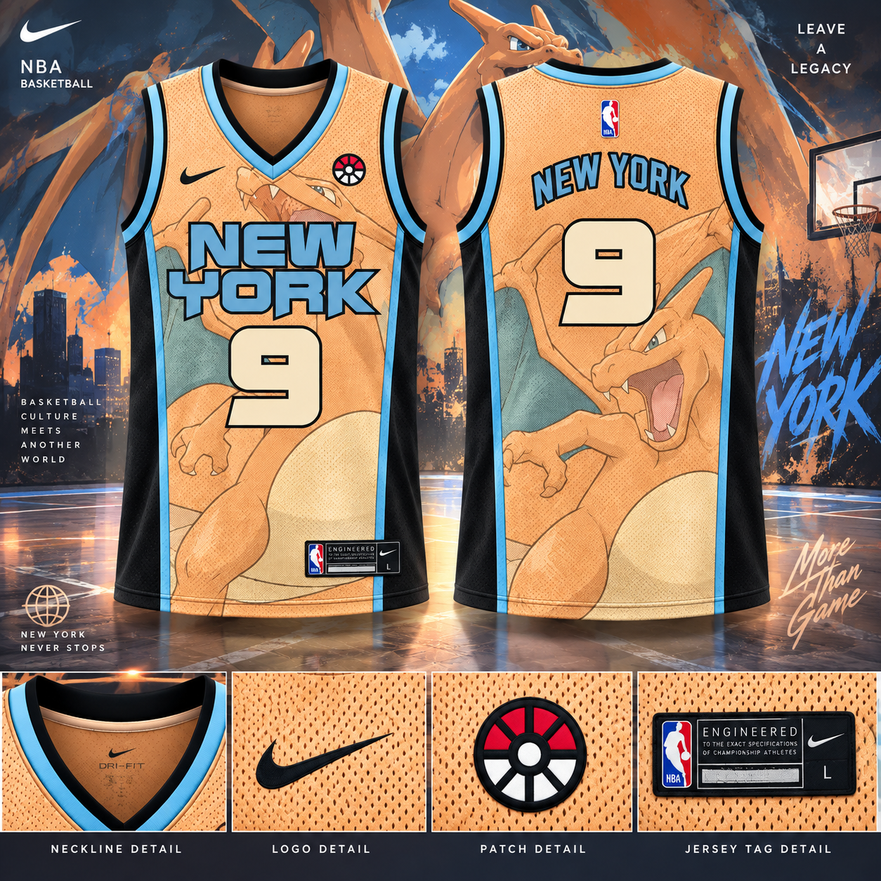New York Knicks Charizard Basketball Jersey Orange Number 9 Fan Apparel 2 - Unicasport New York Knicks Charizard Basketball Jersey Orange Number 9 Fan Apparel