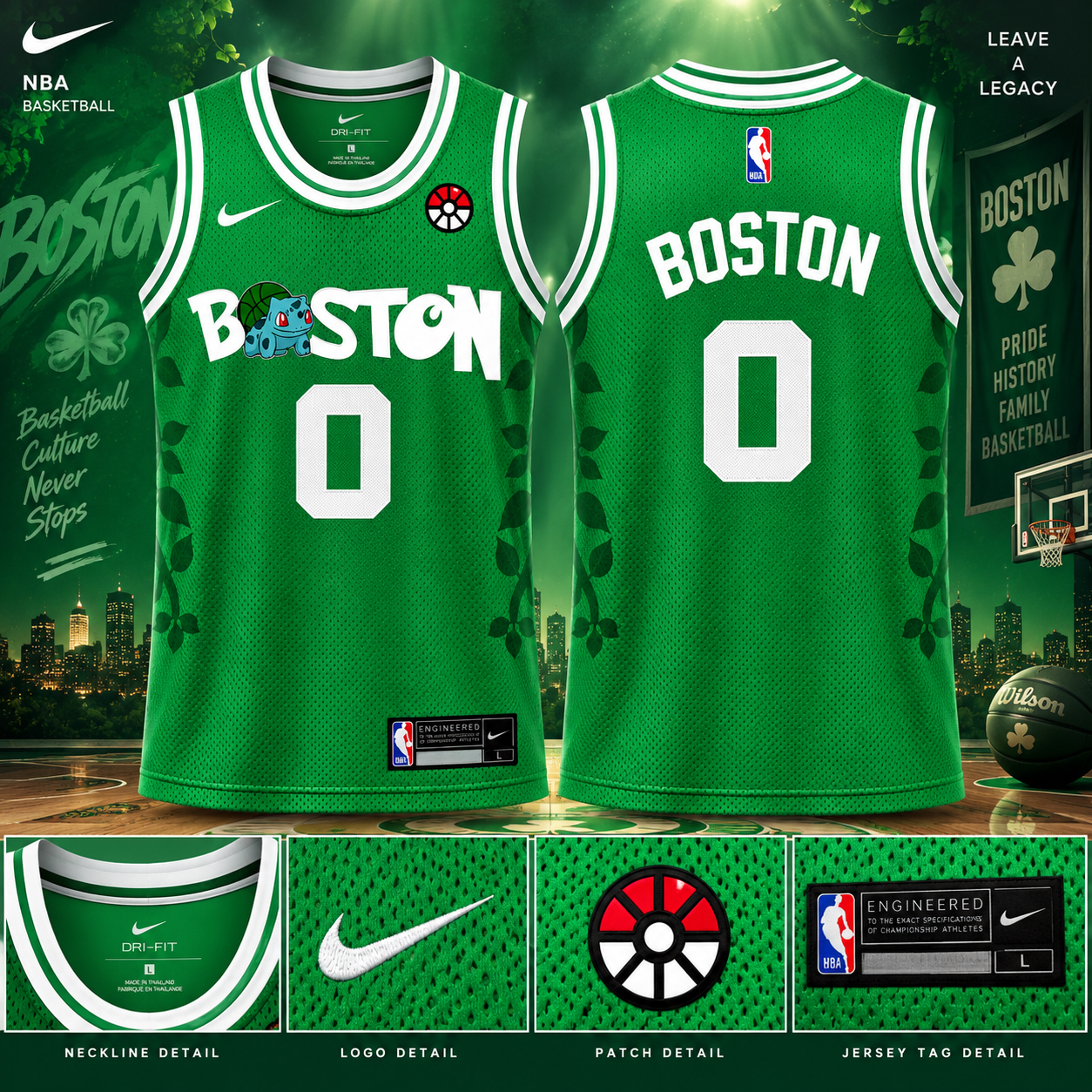 Boston Celtics Bulbasaur Basketball Jersey Green Number 0 Fan Apparel 2 - Unicasport Boston Celtics Bulbasaur Basketball Jersey Green Number 0 Fan Apparel