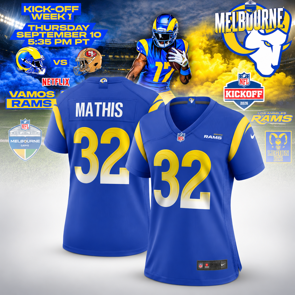 Los Angeles Rams Ochaun Mathis 32 NFL Kickoff 2026 September 10 Melbourne Game Football Jersey 2 - Unicasport Los Angeles Rams Ochaun Mathis 32 NFL Kickoff 2026 September 10 Melbourne Game Football Jersey