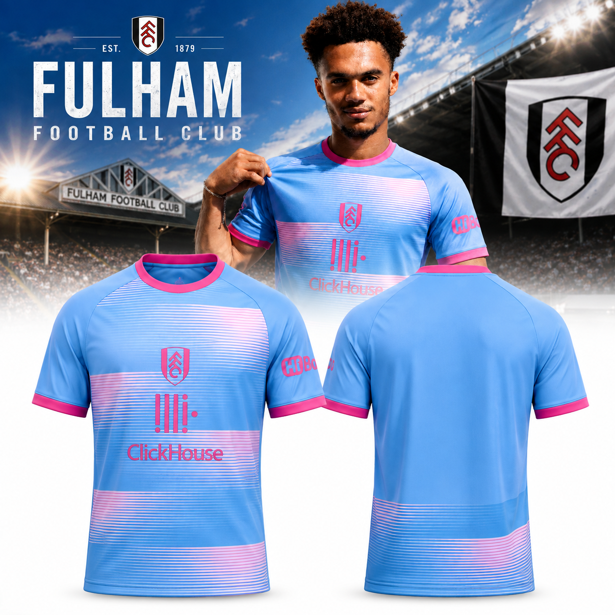 Fulham FC Blue Pink Soccer Jersey ClickHouse Short Sleeve Football Fan Shirt 1 - Unicasport Fulham FC Blue Pink Soccer Jersey ClickHouse Short Sleeve Football Fan Shirt