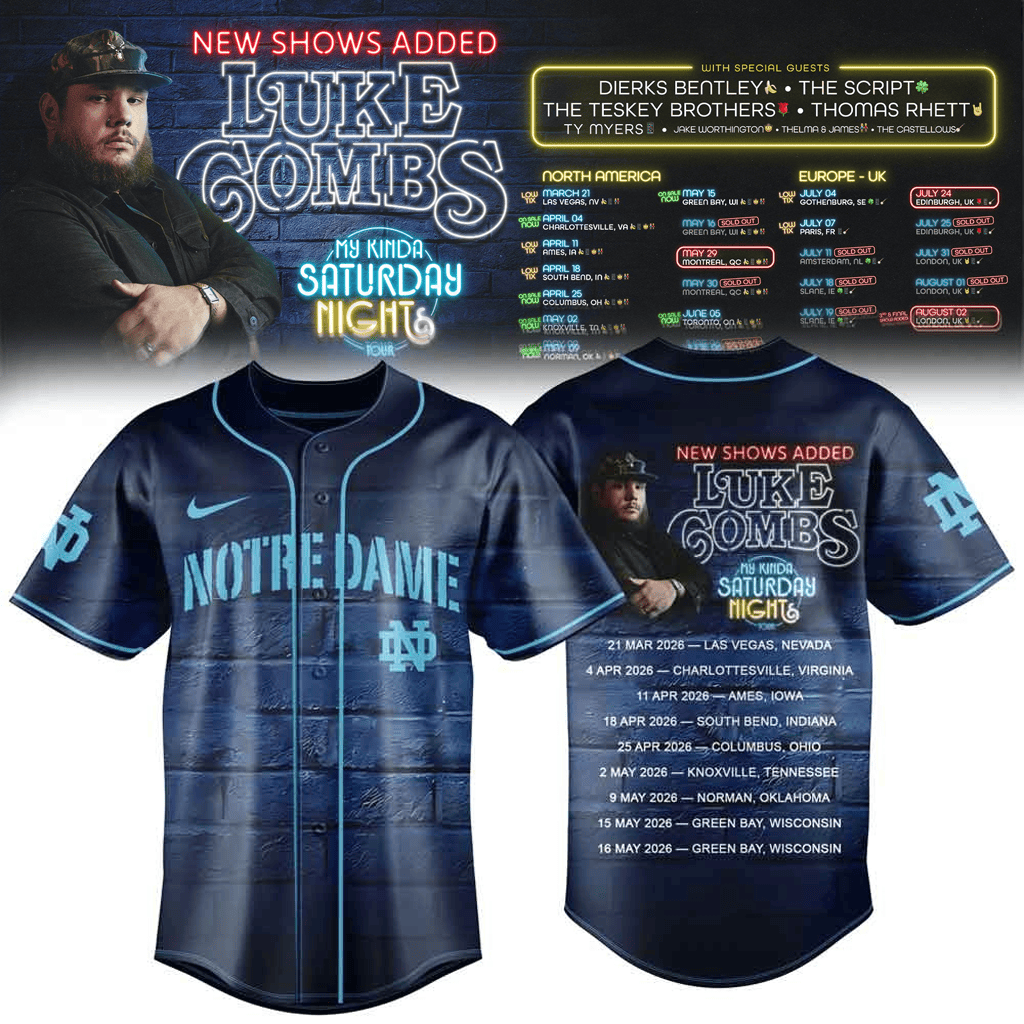Luke Combs My Kinda Saturday Night Tour Notre Dame Baseball Jersey Luke Combs Merch 1 - Unicasport Luke Combs My Kinda Saturday Night Tour Notre Dame Baseball Jersey Luke Combs Merch