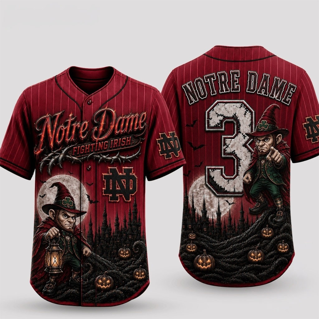 Custom Notre Dame Fighting Irish 2026 Spooky Mascot Halloween Baseball Jersey Fan Merch 1 - Unicasport Custom Notre Dame Fighting Irish 2026 Spooky Mascot Halloween Baseball Jersey Fan Merch