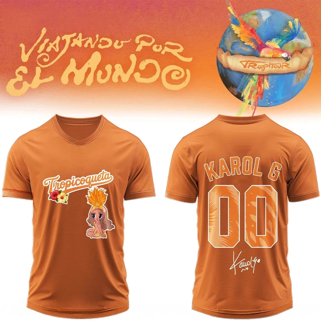Custom Karol G Nos Vamos de Tour Signature V-Neck Jersey Orange Karol G Merch Music Fan Gear 1 - Unicasport Custom Karol G Nos Vamos de Tour Signature V-Neck Jersey Orange Karol G Merch Music Fan Gear