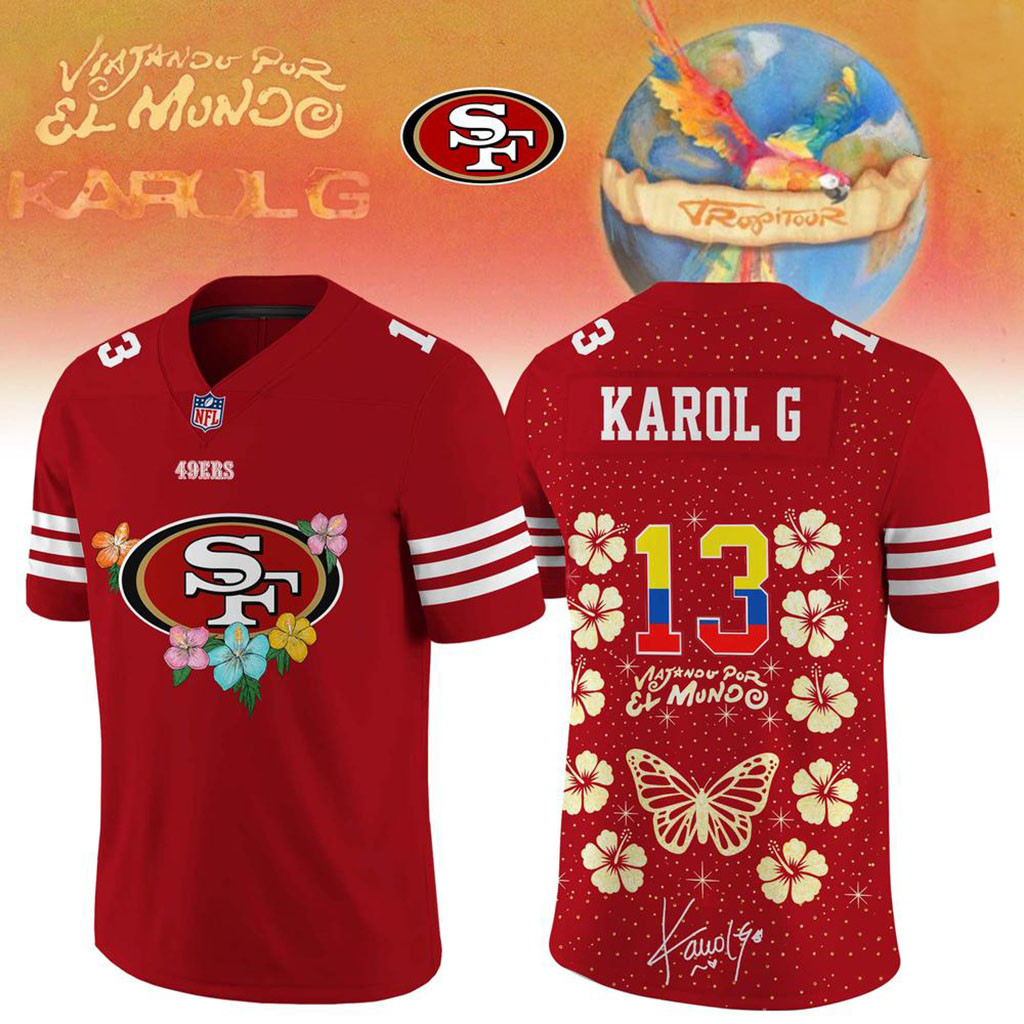 San Francisco 49ers X Karol G Tropitour Football Jersey SF 49ers Merch 2026 Concert Outfits 1 - Unicasport San Francisco 49ers X Karol G Tropitour Football Jersey SF 49ers Merch 2026 Concert Outfits