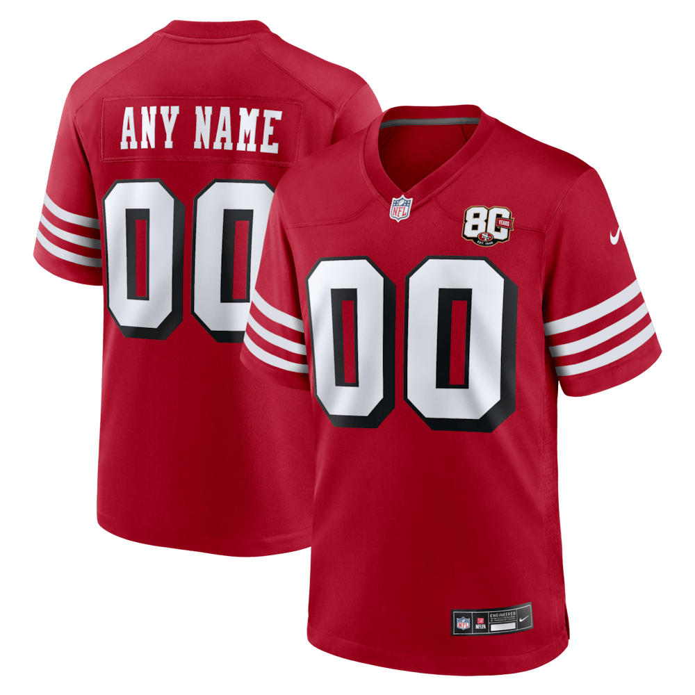 San Francisco 49ers Merch - Men's Scarlet 80th Anniversary Alternate Custom Game Jersey 1 - Unicasport San Francisco 49ers Merch - Men's Scarlet 80th Anniversary Alternate Custom Game Jersey