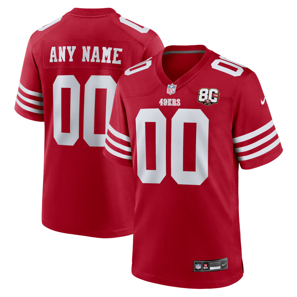 San Francisco 49ers Merch - Men's Scarlet 80th Anniversary Custom Game Jersey 1 - Unicasport San Francisco 49ers Merch - Men's Scarlet 80th Anniversary Custom Game Jersey