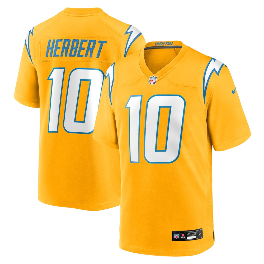 Los Angeles Chargers Merch - Men's Justin Herbert Alternate Charger Power Jersey, Gold - Football Gifts For Him