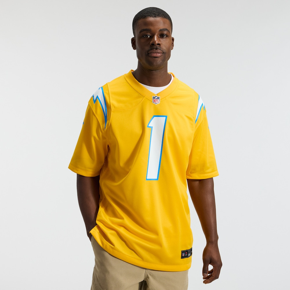 Los Angeles Chargers Merch - Men's Quentin Johnston Alternate Charger Power Jersey, Gold 1 - Unicasport Los Angeles Chargers Merch - Men's Quentin Johnston Alternate Charger Power Jersey, Gold