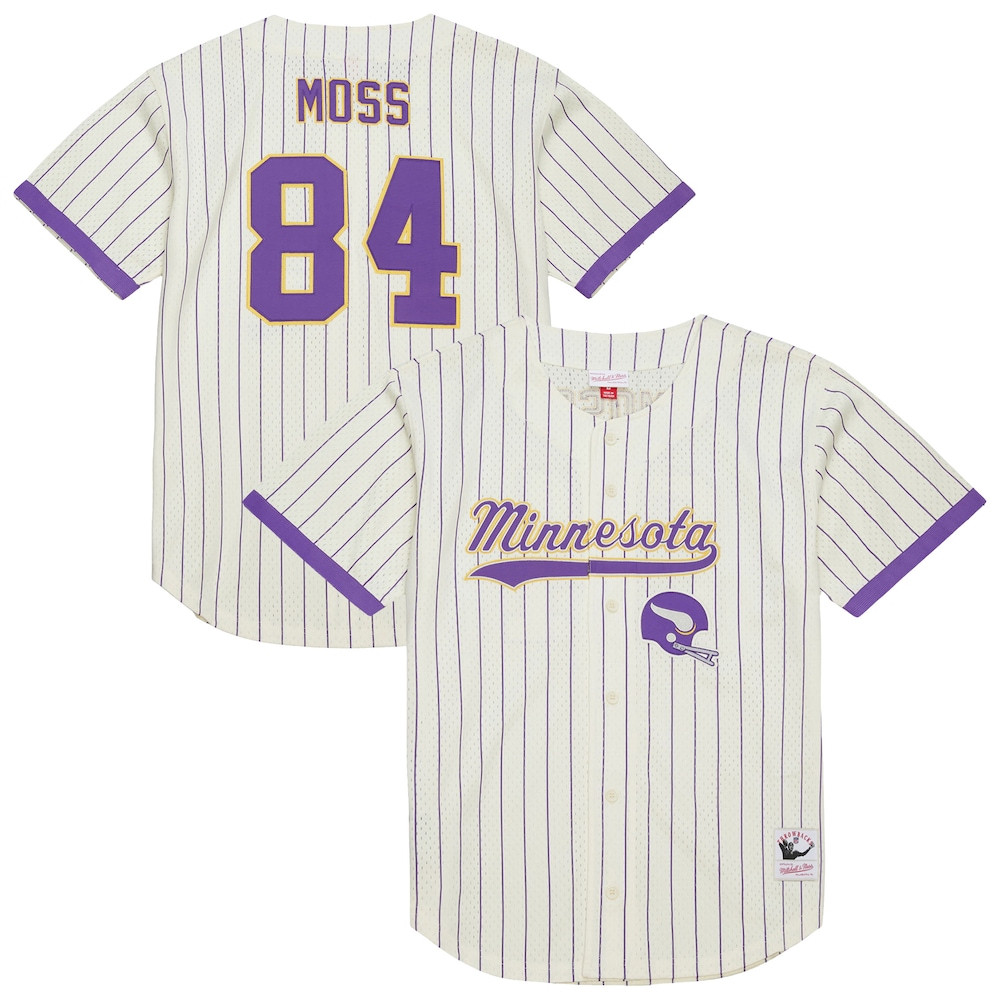 Minnesota Vikings Merch - Men's Randy Moss Cream Name & Number Mesh Button-Up Baseball Jersey - Great Football Gifts 1 - Unicasport Minnesota Vikings Merch - Men's Randy Moss Cream Name & Number Mesh Button-Up Baseball Jersey - Great Football Gifts