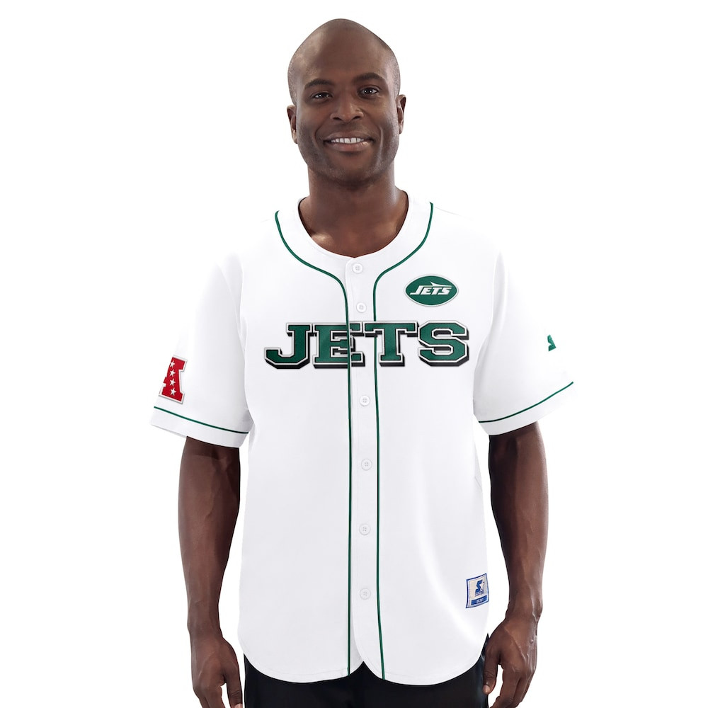 New York Jets Merch - Men's Relay Full-Button Baseball Jersey, White - Starter - Football Christmas Gift Ideas