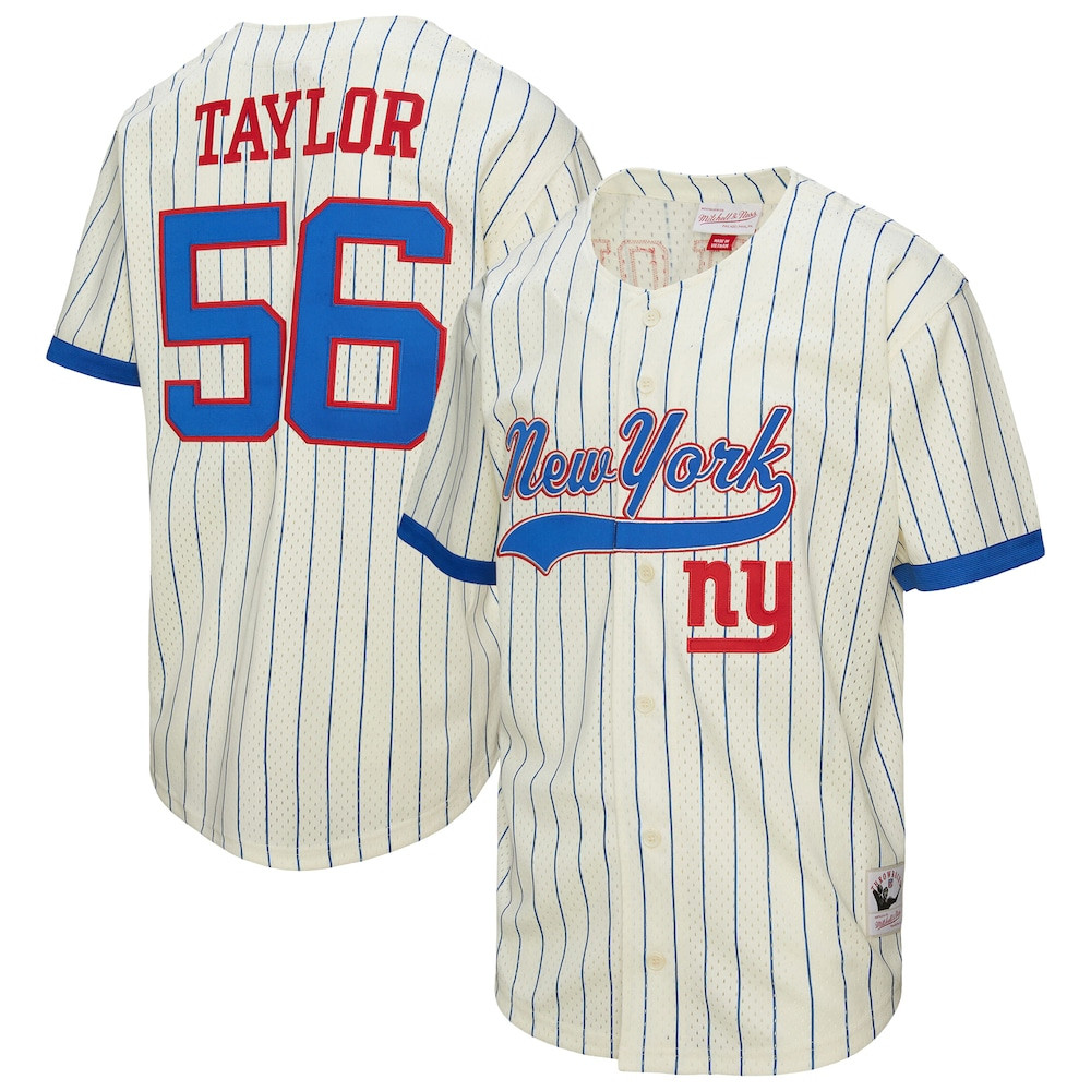 New York Giants Merch - Men's Lawrence Taylor Cream Name & Number Mesh Button-Up Baseball Jersey