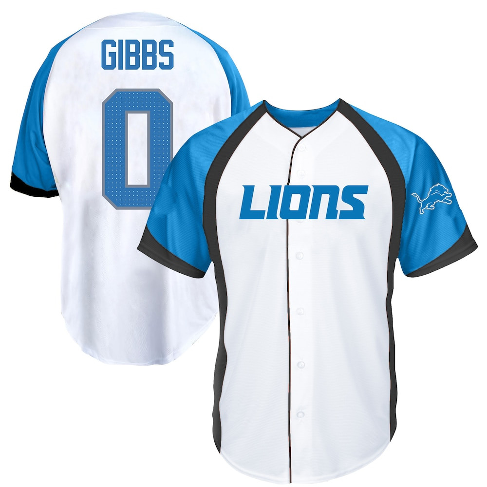Detroit Lions Merch - Men's Jahmyr Gibbs Fanatics Button-Up Baseball Jersey Top, Big & Tall, White - Birthday Present For Football Fan 1 - Unicasport Detroit Lions Merch - Men's Jahmyr Gibbs Fanatics Button-Up Baseball Jersey Top, Big & Tall, White - Birthday Present For Football Fan