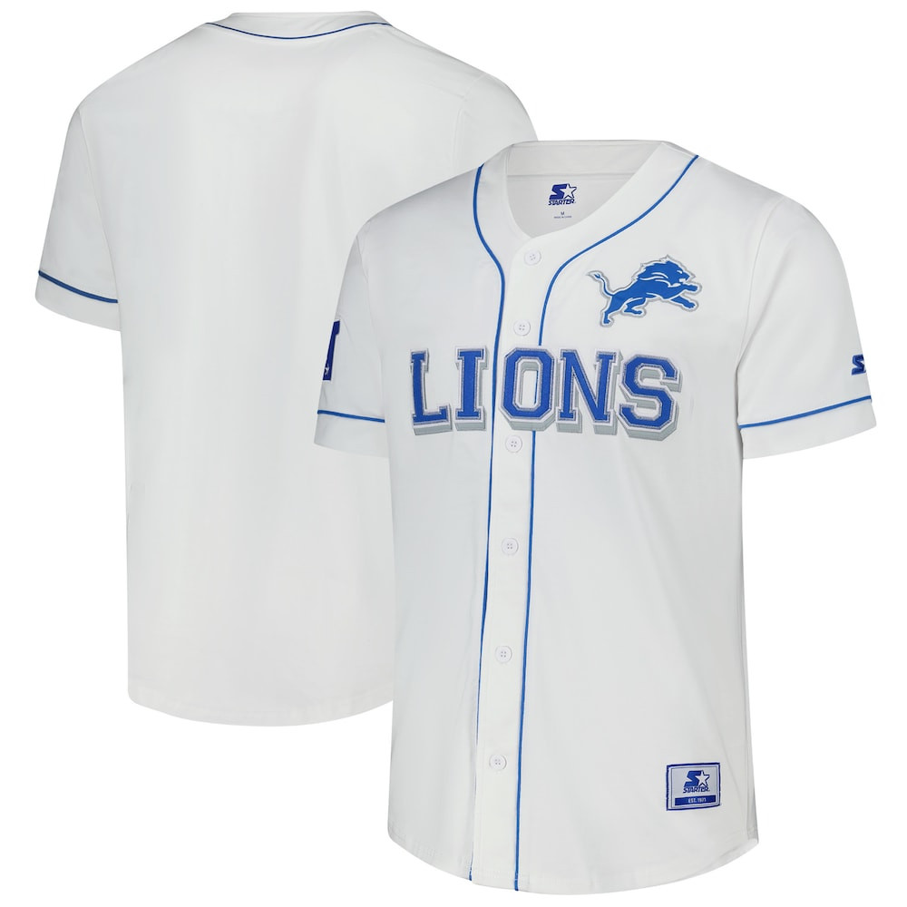 Detroit Lions Merch - Men's Relay Full-Button Baseball Jersey, White - Starter 1 - Unicasport Detroit Lions Merch - Men's Relay Full-Button Baseball Jersey, White - Starter