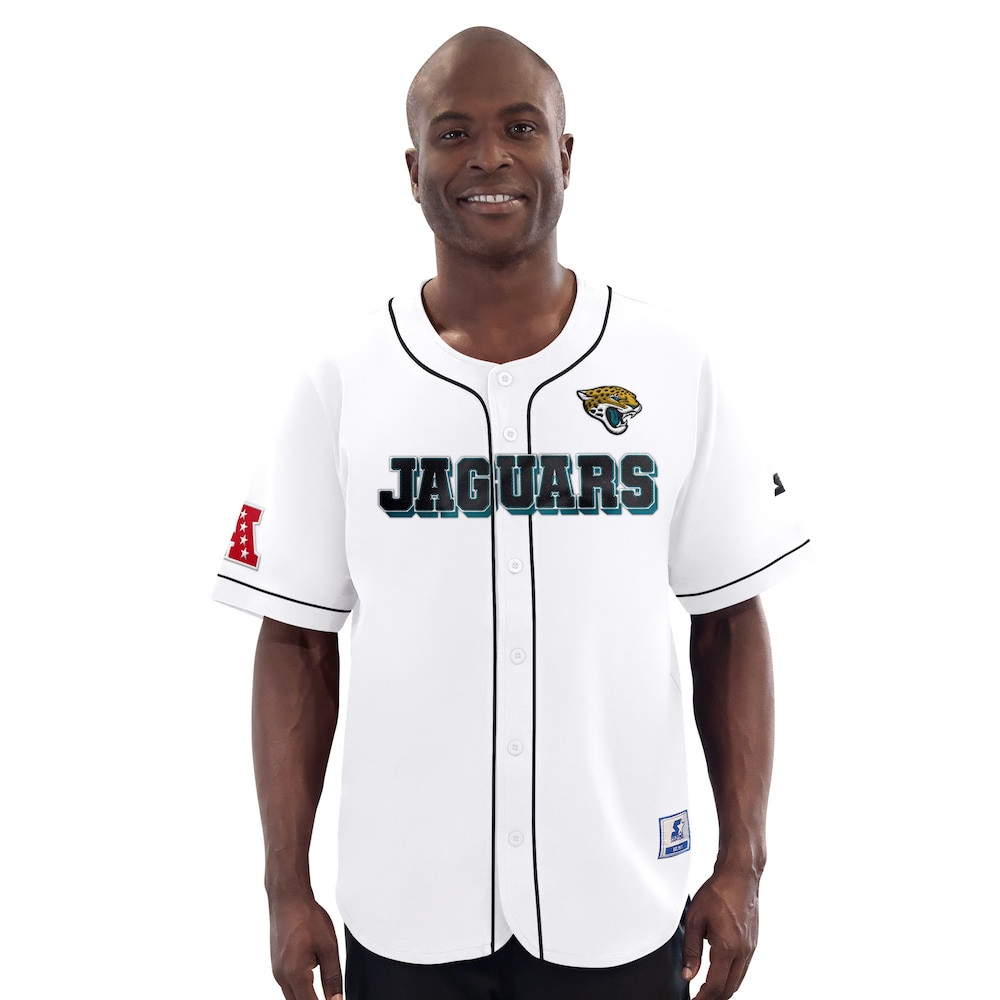 Jacksonville Jaguars Merch - Men's Relay Full-Button Baseball Jersey, White - Starter - Football Fan Gear 1 - Unicasport Jacksonville Jaguars Merch - Men's Relay Full-Button Baseball Jersey, White - Starter - Football Fan Gear