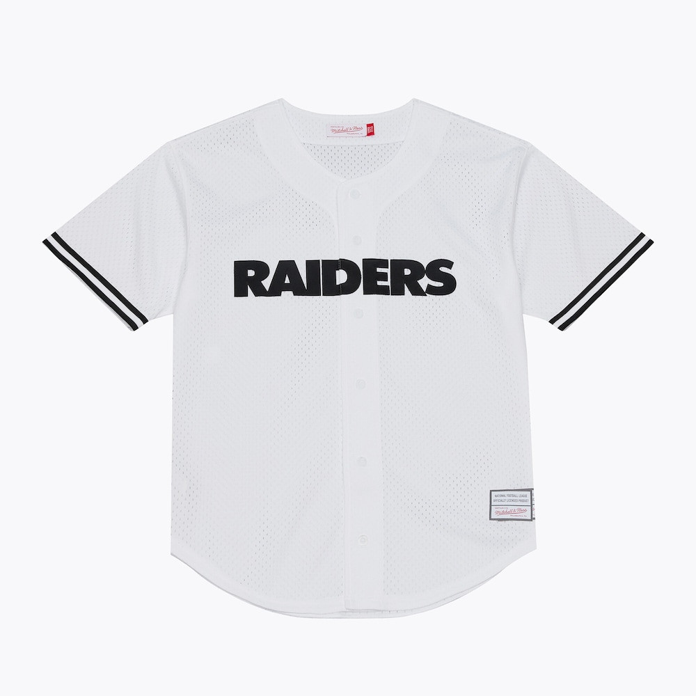 Las Vegas Raiders Merch - Men's Monochrome Mesh Full-Button Baseball Jersey, White 1 - Unicasport Las Vegas Raiders Merch - Men's Monochrome Mesh Full-Button Baseball Jersey, White