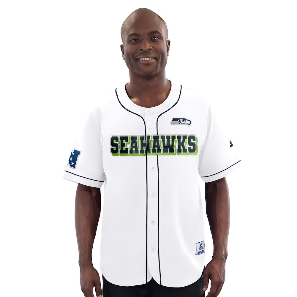 Seattle Seahawks Merch - Men's Relay Full-Button Baseball Jersey, White - Starter 1 - Unicasport Seattle Seahawks Merch - Men's Relay Full-Button Baseball Jersey, White - Starter