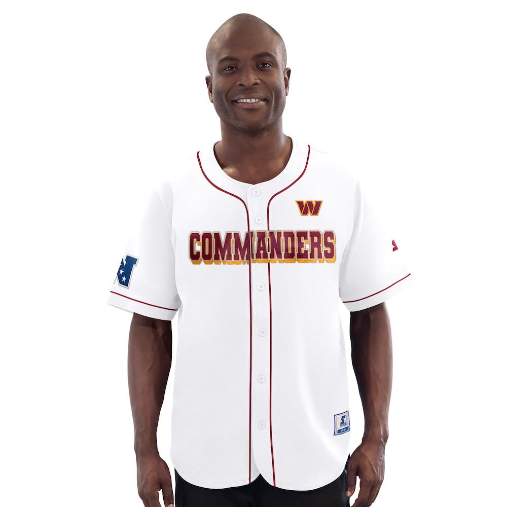 Washington Commanders Merch - Men's Relay Full-Button Baseball Jersey, White - Starter - Football Gift Ideas For Men 1 - Unicasport Washington Commanders Merch - Men's Relay Full-Button Baseball Jersey, White - Starter - Football Gift Ideas For Men