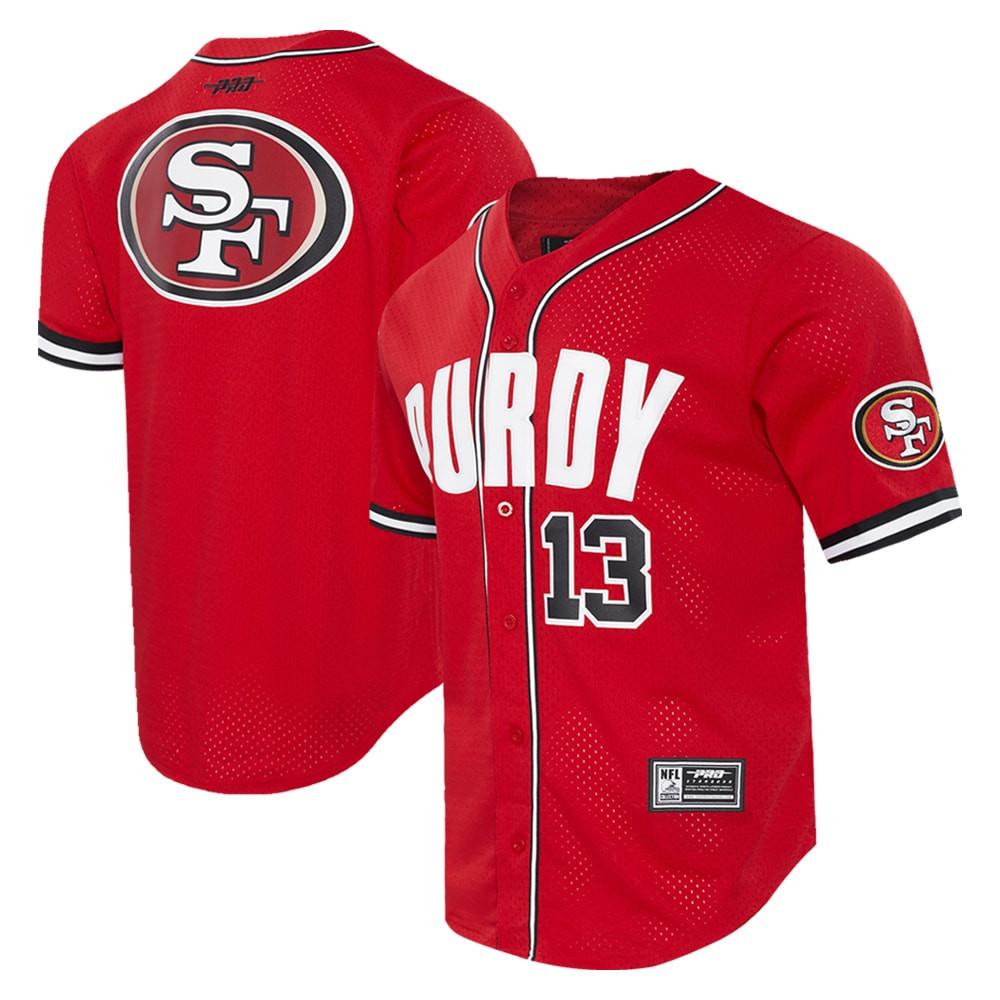 San Francisco 49ers Merch - Men's Brock Purdy Pro Standard Scarlet Mesh Button-Up Baseball Jersey 1 - Unicasport San Francisco 49ers Merch - Men's Brock Purdy Pro Standard Scarlet Mesh Button-Up Baseball Jersey
