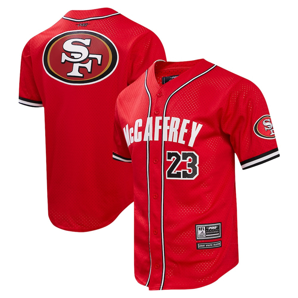San Francisco 49ers Merch - Men's Christian McCaffrey Pro Standard Scarlet Mesh Button-Up Baseball Jersey 1 - Unicasport San Francisco 49ers Merch - Men's Christian McCaffrey Pro Standard Scarlet Mesh Button-Up Baseball Jersey