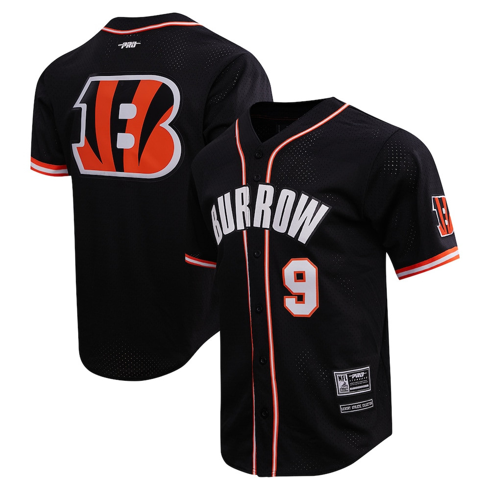Cincinnati Bengals Merch - Men's Joe Burrow Pro Standard Mesh Button-Up Baseball Jersey, Black - Cool Gifts For Football Fans 1 - Unicasport Cincinnati Bengals Merch - Men's Joe Burrow Pro Standard Mesh Button-Up Baseball Jersey, Black - Cool Gifts For Football Fans