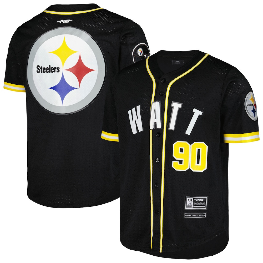 Pittsburgh Steelers Merch - Men's T.J. Watt Pro Standard Mesh Button-Up Baseball Jersey, Black 1 - Unicasport Pittsburgh Steelers Merch - Men's T.J. Watt Pro Standard Mesh Button-Up Baseball Jersey, Black