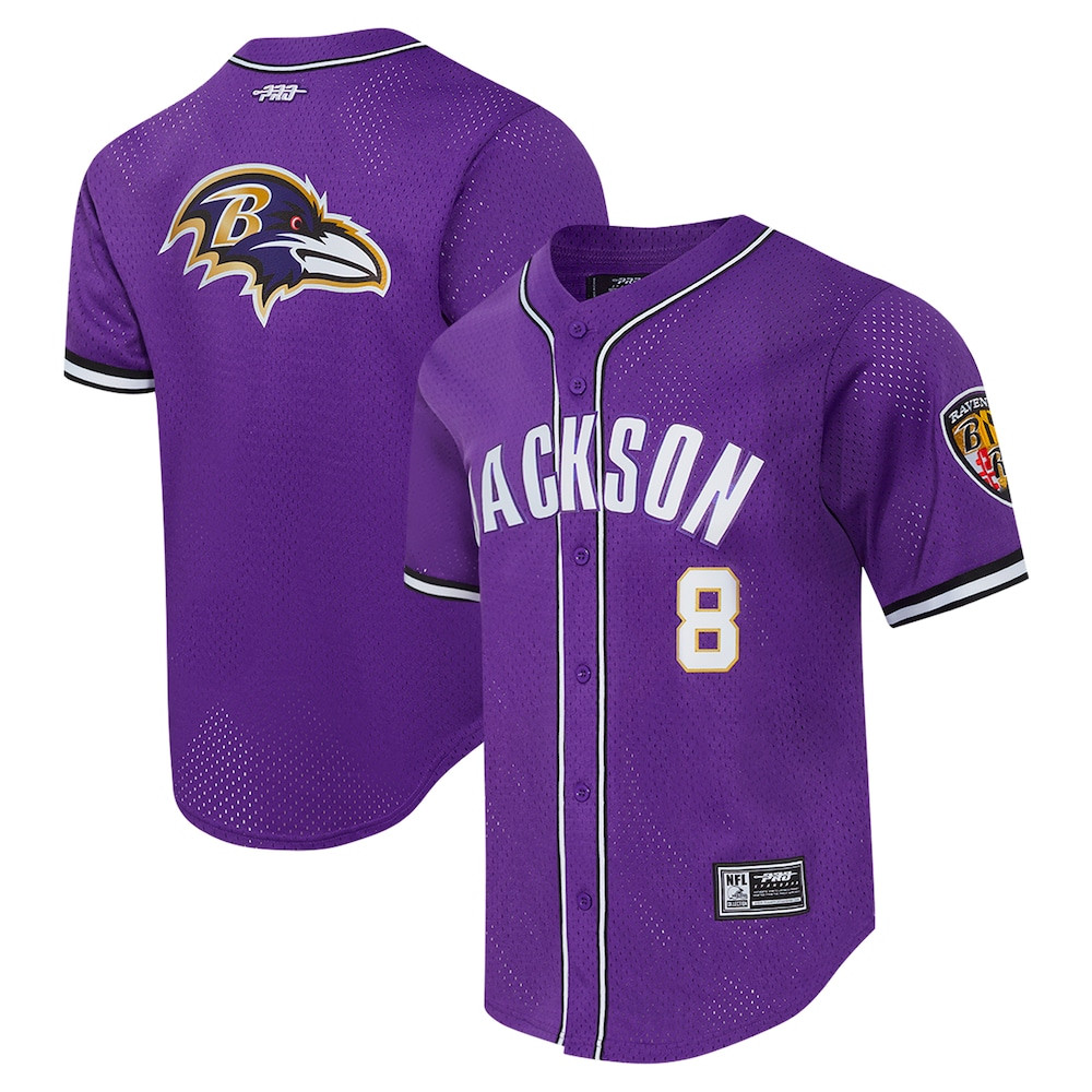Baltimore Ravens Merch - Men's Lamar Jackson Pro Standard Purple Mesh Button-Up Baseball Jersey 1 - Unicasport Baltimore Ravens Merch - Men's Lamar Jackson Pro Standard Purple Mesh Button-Up Baseball Jersey