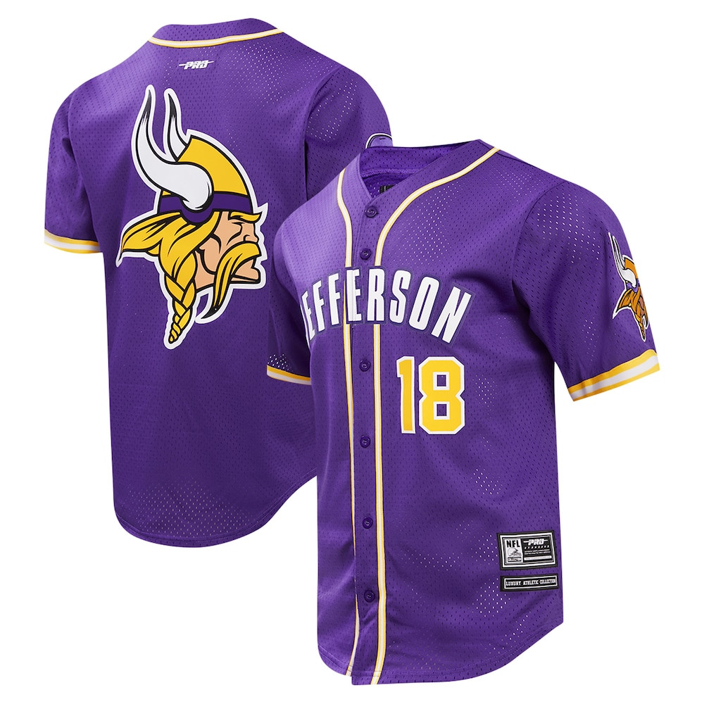 Minnesota Vikings Merch - Men's Justin Jefferson Pro Standard Purple Mesh Button-Up Baseball Jersey 1 - Unicasport Minnesota Vikings Merch - Men's Justin Jefferson Pro Standard Purple Mesh Button-Up Baseball Jersey