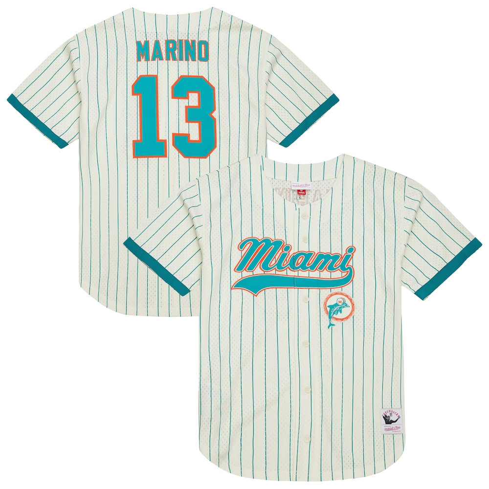 Miami Dolphins Merch - Men's Dan Marino Cream Name & Number Mesh Button-Up Baseball Jersey - American Football Gift Ideas 1 - Unicasport Miami Dolphins Merch - Men's Dan Marino Cream Name & Number Mesh Button-Up Baseball Jersey - American Football Gift Ideas