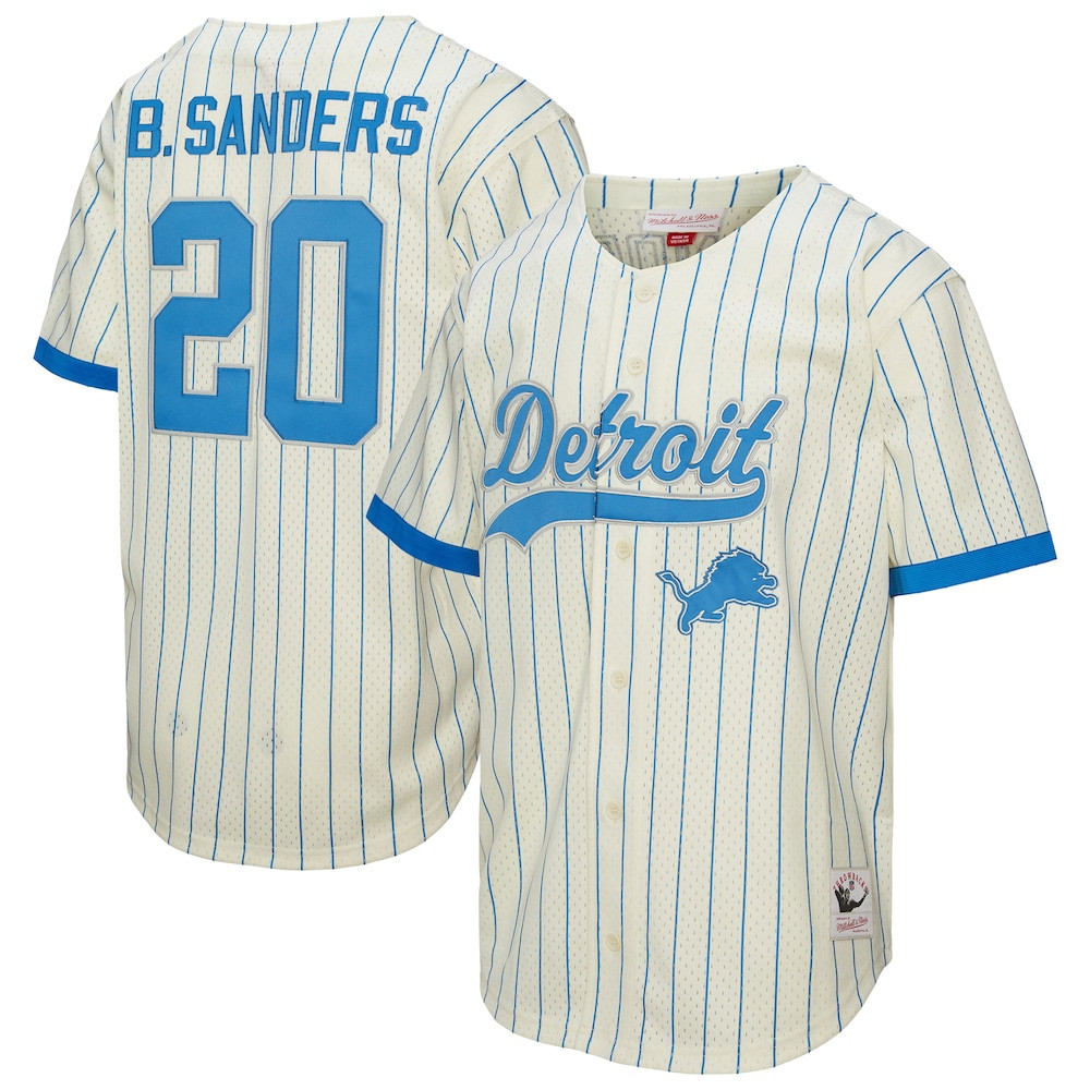 Detroit Lions Merch - Men's Barry Sanders Cream Name & Number Mesh Button-Up Baseball Jersey 1 - Unicasport Detroit Lions Merch - Men's Barry Sanders Cream Name & Number Mesh Button-Up Baseball Jersey
