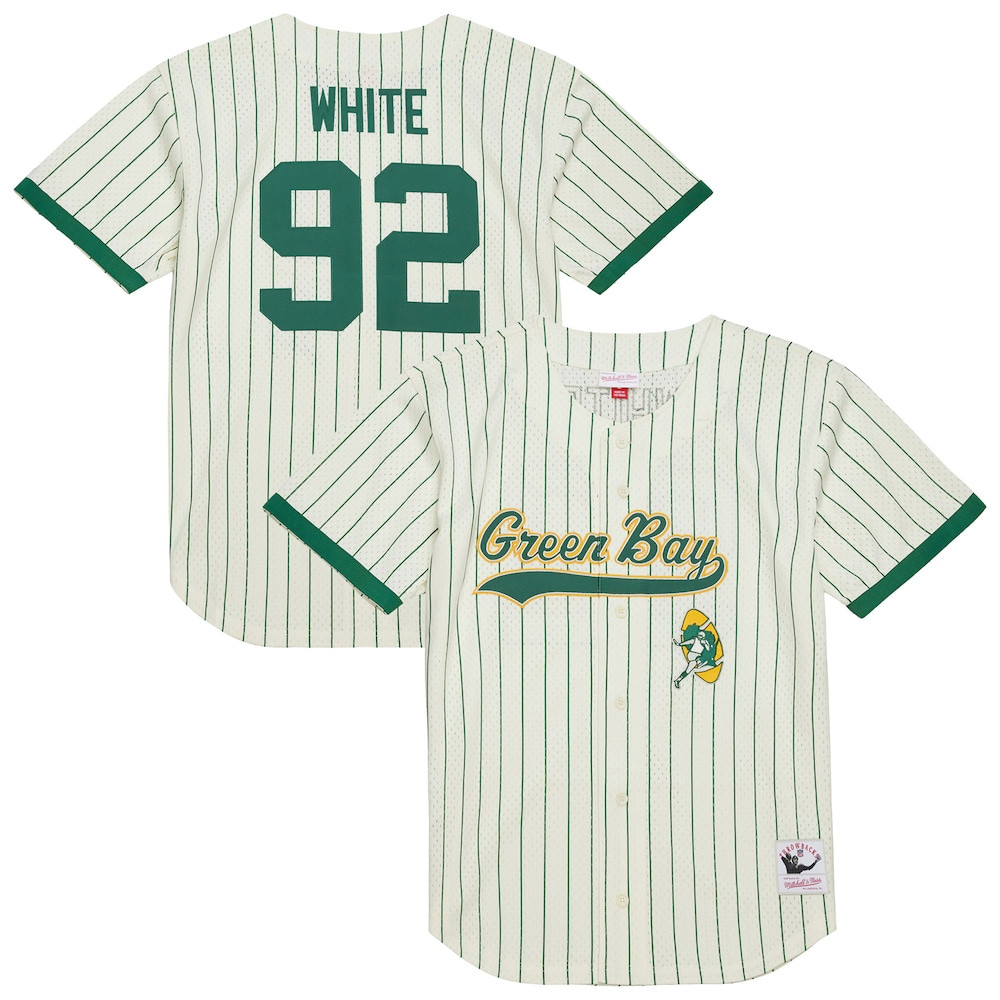 Green Bay Packers Merch - Men's Reggie Cream Name & Number Mesh Button-Up Baseball Jersey, White - Best Football Gifts For Adults 1 - Unicasport Green Bay Packers Merch - Men's Reggie Cream Name & Number Mesh Button-Up Baseball Jersey, White - Best Football Gifts For Adults