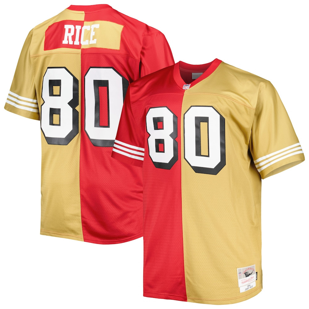 San Francisco 49ers Merch - Men's Jerry Rice Scarlet Split Legacy Retired Player Replica Jersey, Big & Tall, Gold 1 - Unicasport San Francisco 49ers Merch - Men's Jerry Rice Scarlet Split Legacy Retired Player Replica Jersey, Big & Tall, Gold