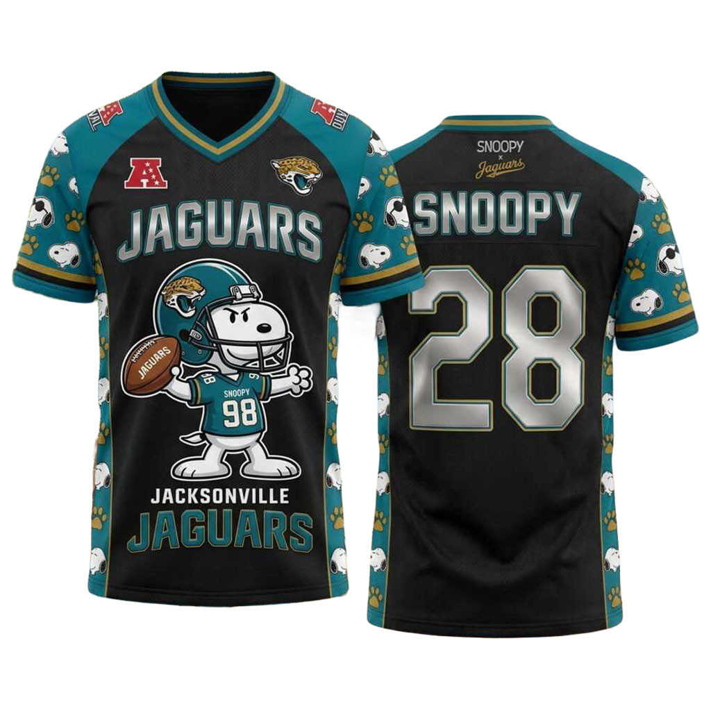 Jacksonville Jaguars Snoopy Football Jersey Shirt Jaguars Merch Gift For Football Lovers 1 - Unicasport Jacksonville Jaguars Snoopy Football Jersey Shirt Jaguars Merch Gift For Football Lovers