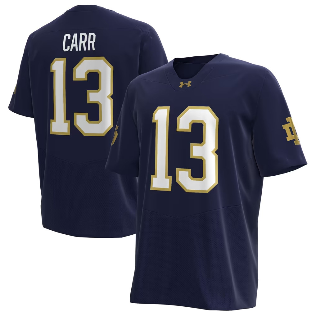 CJ Carr Jersey Shirt Notre Dame Fighting Irish Merch #13 Under Armour Home NIL Jersey Navy 1 - Unicasport CJ Carr Jersey Shirt Notre Dame Fighting Irish Merch #13 Under Armour Home NIL Jersey Navy