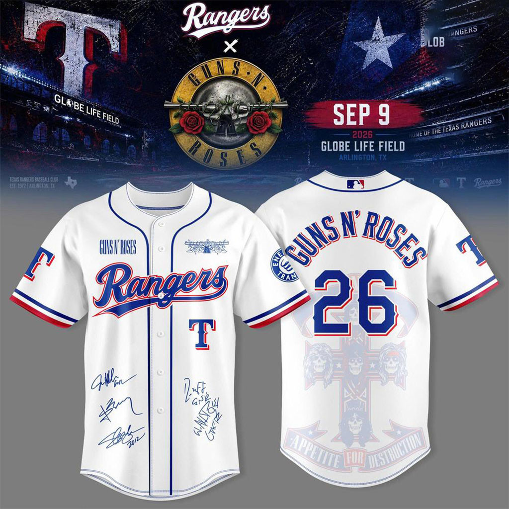 Guns N'Roses X Texas Rangers Merch 2026 Globe Life Field Baseball Jersey Gifts For Music Fans 1 - Unicasport Guns N'Roses X Texas Rangers Merch 2026 Globe Life Field Baseball Jersey Gifts For Music Fans