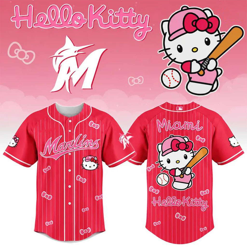 Miami Marlins x Hello Kitty 2026 Pink Pinstripe Red Baseball Jersey Marlins Merch Fans Gifts 1 - Unicasport Miami Marlins x Hello Kitty 2026 Pink Pinstripe Red Baseball Jersey Marlins Merch Fans Gifts