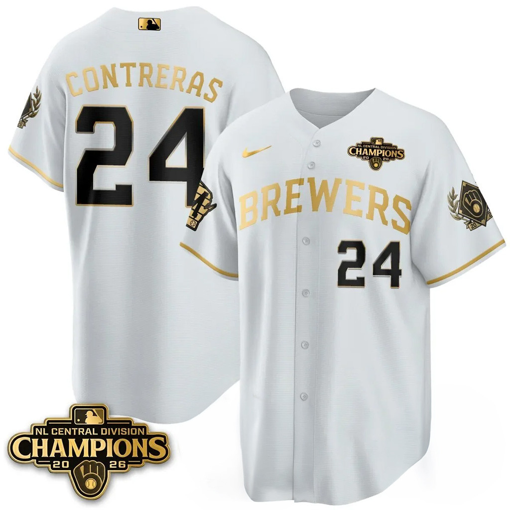 William Contreras Jersey Shirt #24 Milwaukee Brewers NL Central Champions Merch 2026 White 1 - Unicasport William Contreras Jersey Shirt #24 Milwaukee Brewers NL Central Champions Merch 2026 White