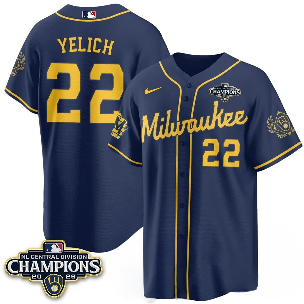 Christian Yelich Jersey Milwaukee Brewers NL Central Champions Merch #22 Navy Baseball Jersey 1 - Unicasport Christian Yelich Jersey Milwaukee Brewers NL Central Champions Merch #22 Navy Baseball Jersey