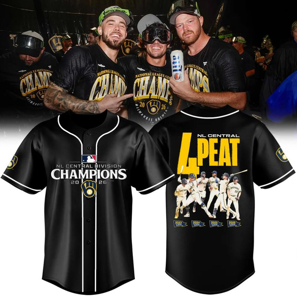 Milwaukee Brewers NL Central Champions Merch 2026 Brewers NL Central 4 Peat Baseball Jersey Black 1 - Unicasport Milwaukee Brewers NL Central Champions Merch 2026 Brewers NL Central 4 Peat Baseball Jersey Black