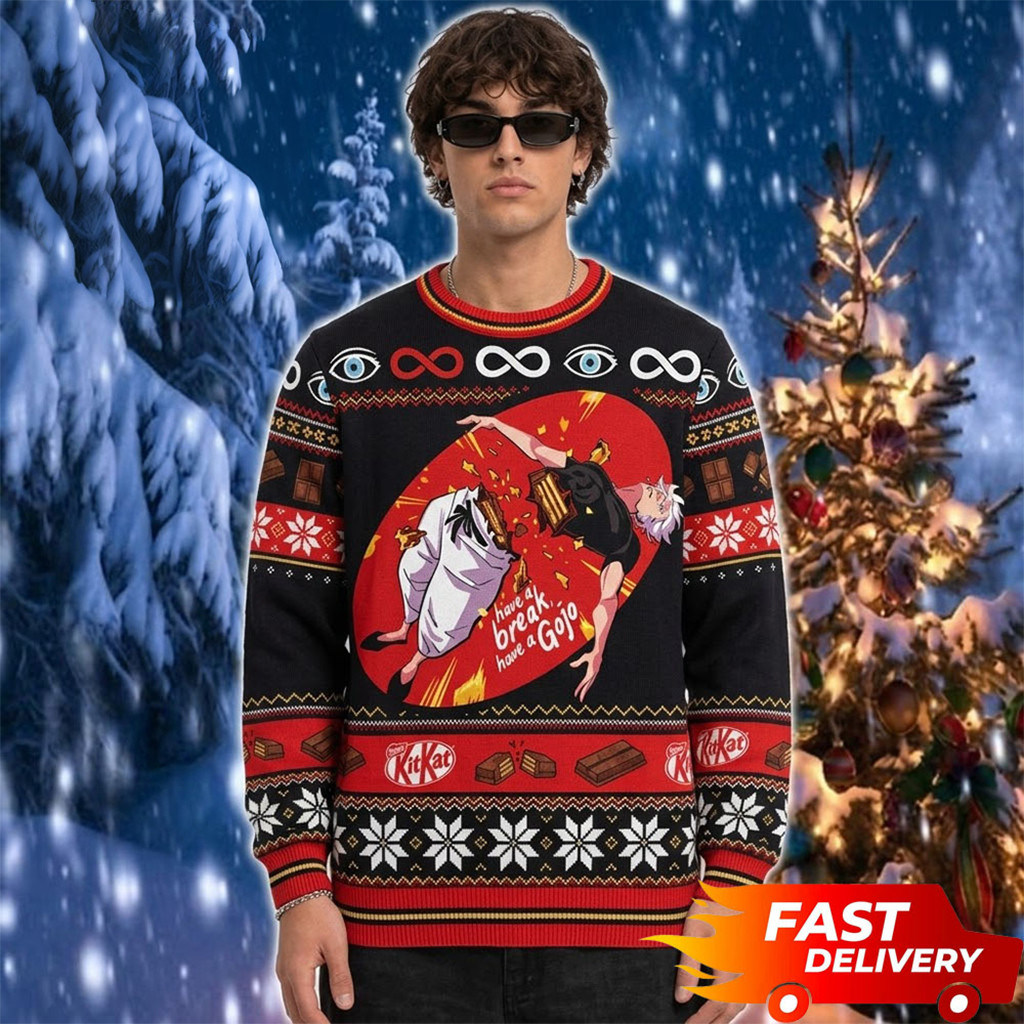 Gojo Satoru Parody Have A Break Kit Kat Christmas Ugly Sweater Jujutsu Kaisen Merch Funny Gifts 1 - Unicasport Gojo Satoru Parody Have A Break Kit Kat Christmas Ugly Sweater Jujutsu Kaisen Merch Funny Gifts