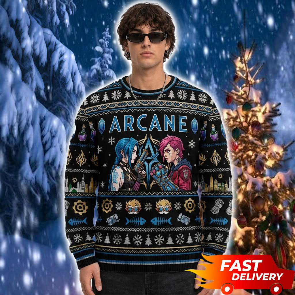 Jinx and Vi League Of Legends Arcane 2026 Christmas Ugly Sweater Xmas Gift For Gamers 1 - Unicasport Jinx and Vi League Of Legends Arcane 2026 Christmas Ugly Sweater Xmas Gift For Gamers