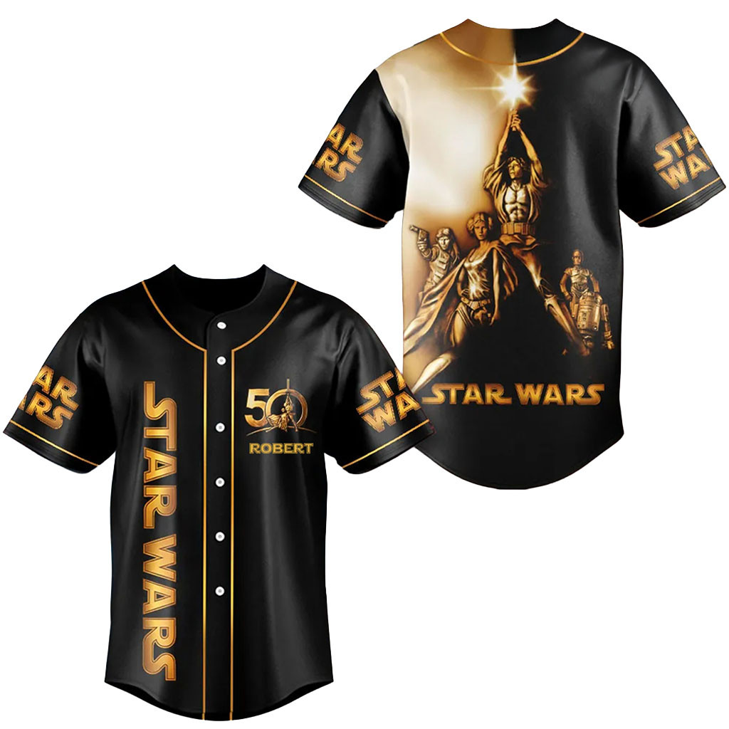 Personalized Star Wars 50th Anniversary Black Baseball Jersey Star Wars Merch Gift for Movie Fans 1 - Unicasport Personalized Star Wars 50th Anniversary Black Baseball Jersey Star Wars Merch Gift for Movie Fans