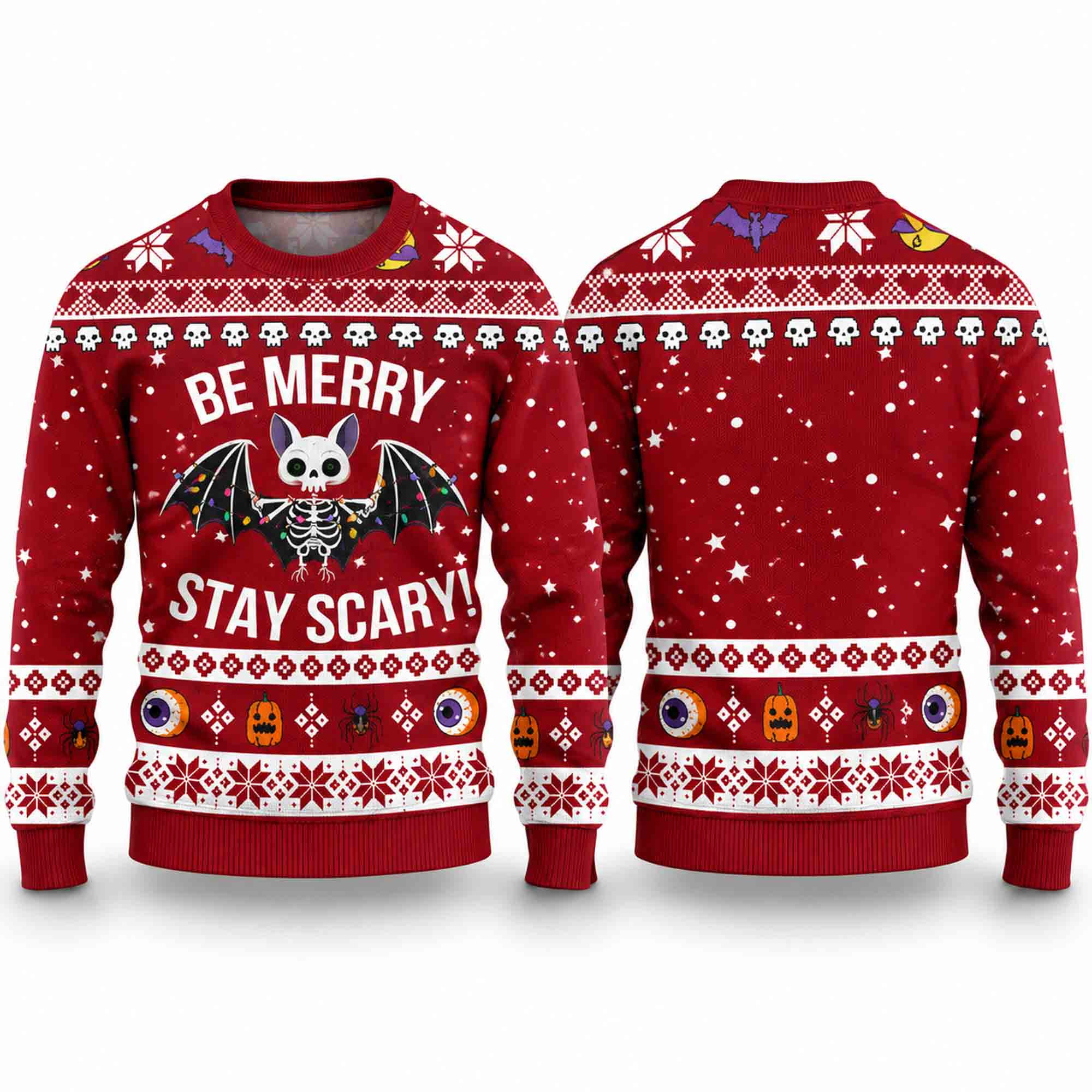 2026 Be Merry Stay Scary Skeleton Bat Creepmas Ugly Christmas Sweater Xmas Gift Ideas