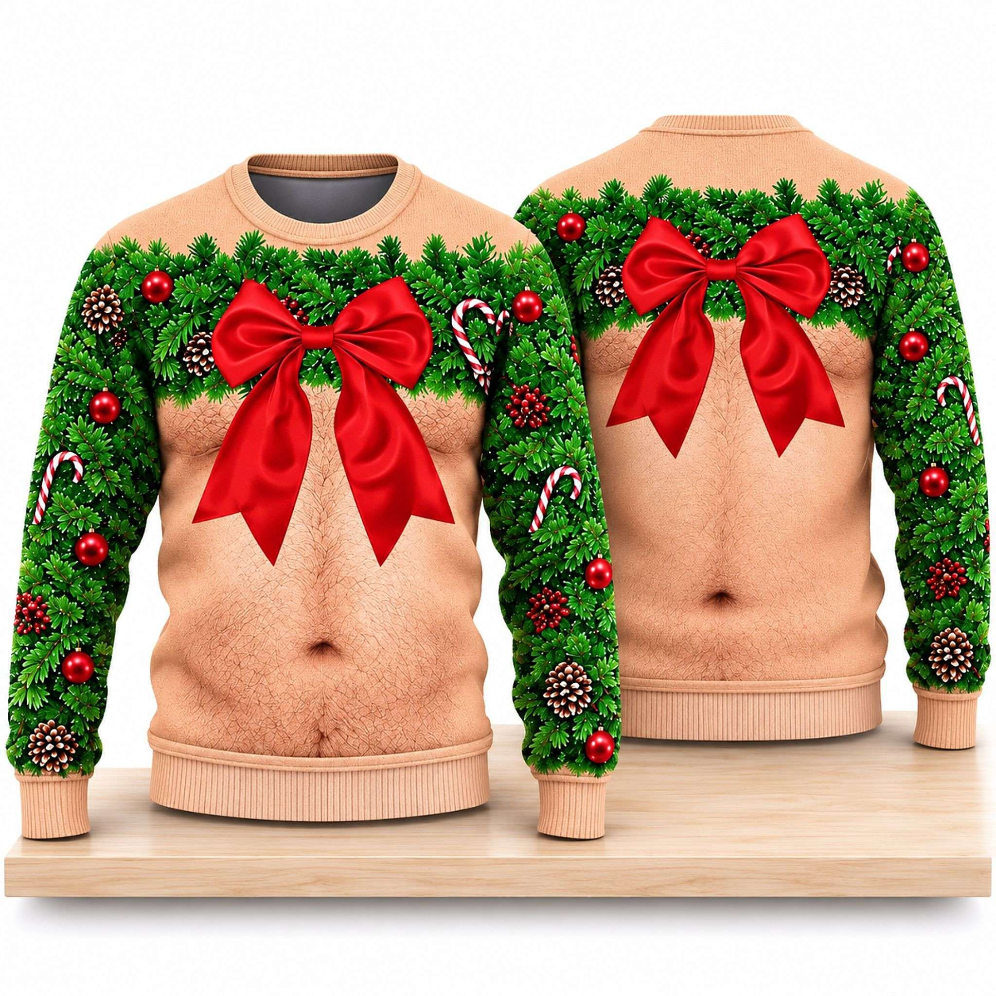 Hairy Chest Wreath And Red Bow Christmas Ugly Sweater 2026 Funny Xmas Gift For Him 1 - Unicasport Hairy Chest Wreath And Red Bow Christmas Ugly Sweater 2026 Funny Xmas Gift For Him