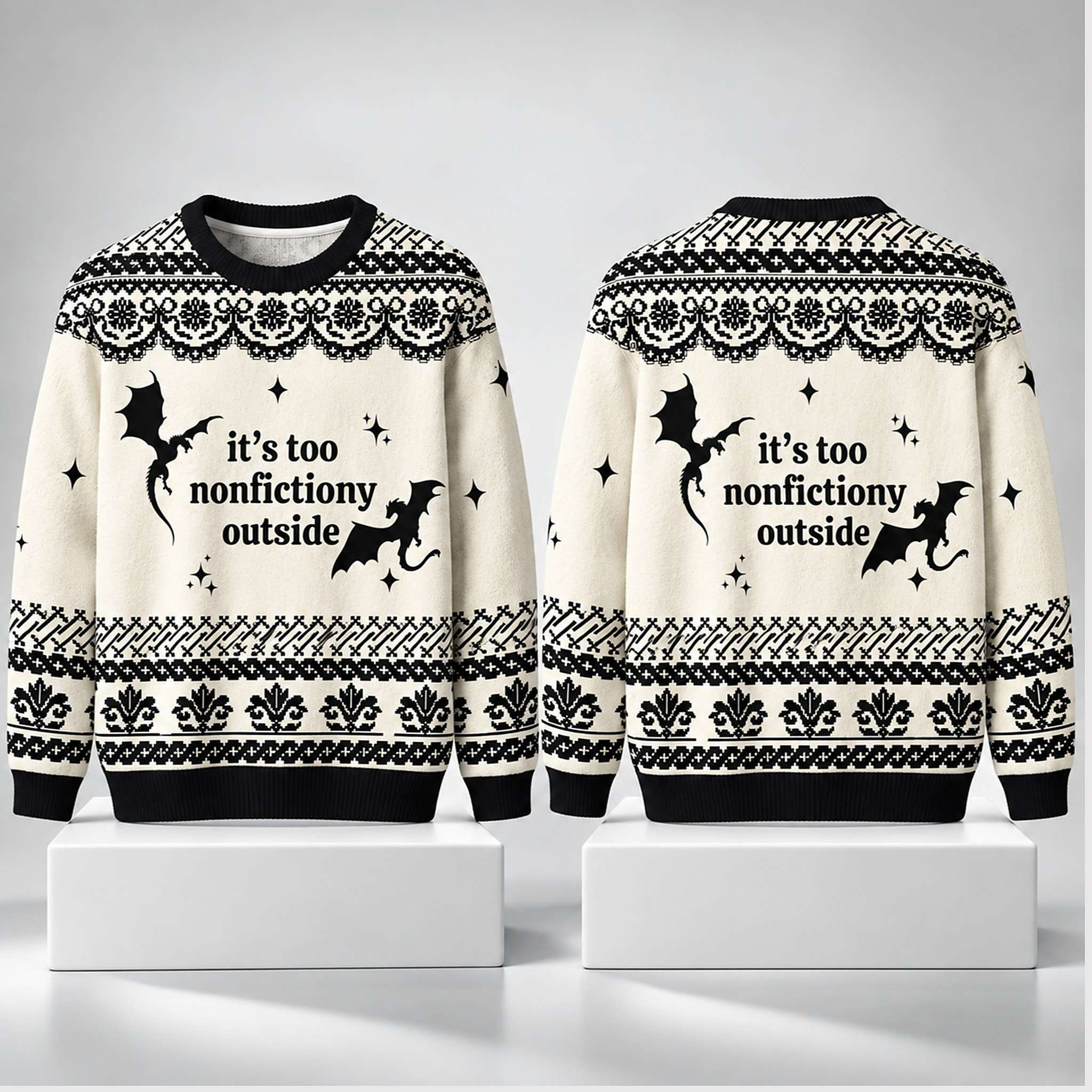 It's Too Nonfictiony Outside Dragon Christmas Ugly Sweater 2026 Fourth Wing Merch Xmas Gifts 1 - Unicasport It's Too Nonfictiony Outside Dragon Christmas Ugly Sweater 2026 Fourth Wing Merch Xmas Gifts