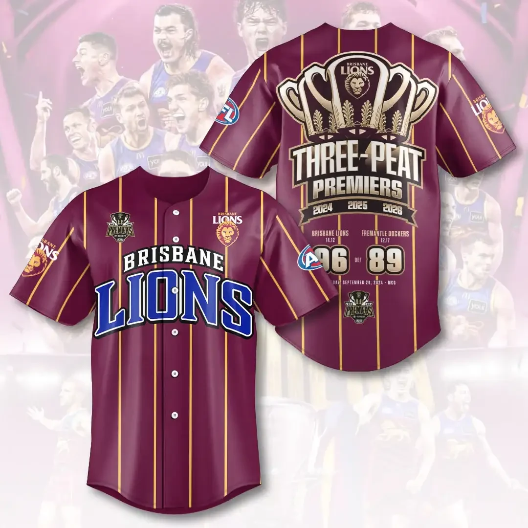 Brisbane Lions 2026 AFL Premiers Baseball Jersey Three Peat Brisbane Lions Merch Fan Gift 1 - Unicasport Brisbane Lions 2026 AFL Premiers Baseball Jersey Three Peat Brisbane Lions Merch Fan Gift