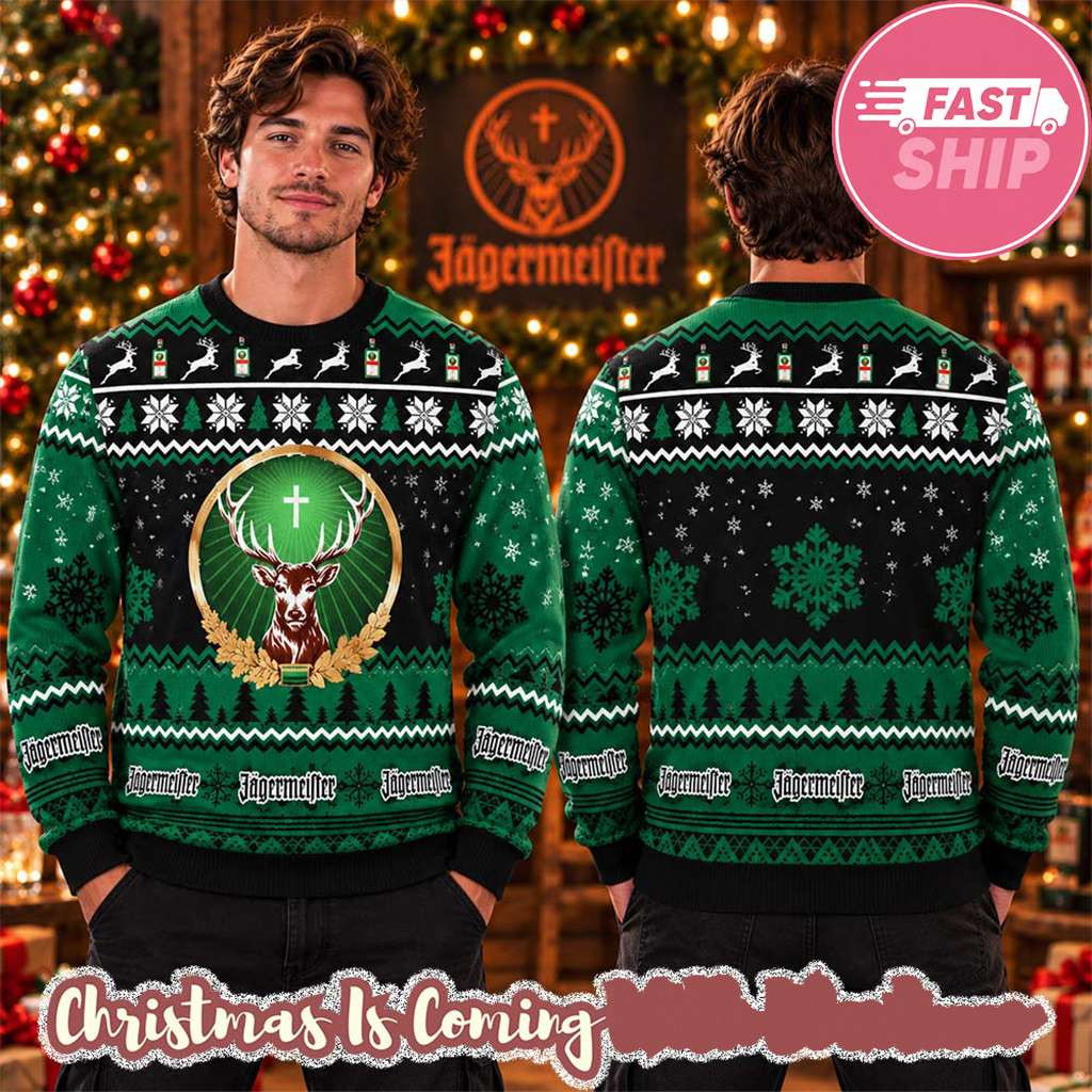 Jagermeister Big Deer Snowflakes And Pine Tree Black And Green Christmas Ugly Sweater Xmas Gift 1 - Unicasport Jagermeister Big Deer Snowflakes And Pine Tree Black And Green Christmas Ugly Sweater Xmas Gift
